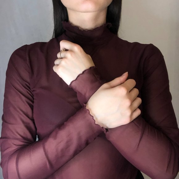 Maroon Mesh Cover Up Top, Long Sleeved Low Turtleneck - Picture 8 of 10